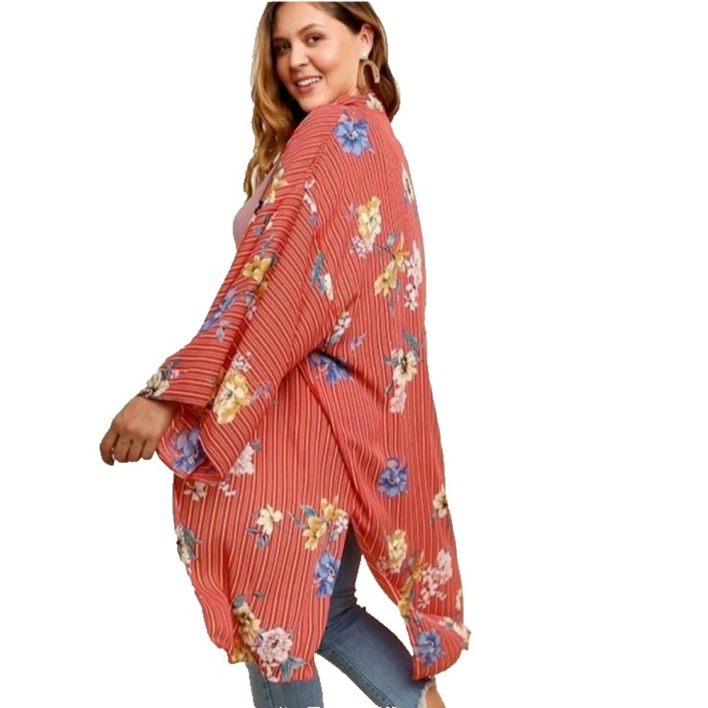 Umgee Red Floral Striped Open Front Kimono Cardigan Side Slits Small Medium
